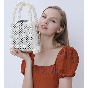 Miuco Womens New Beaded Solid White Handmade Weave Crystal Pearl Hand Bag
